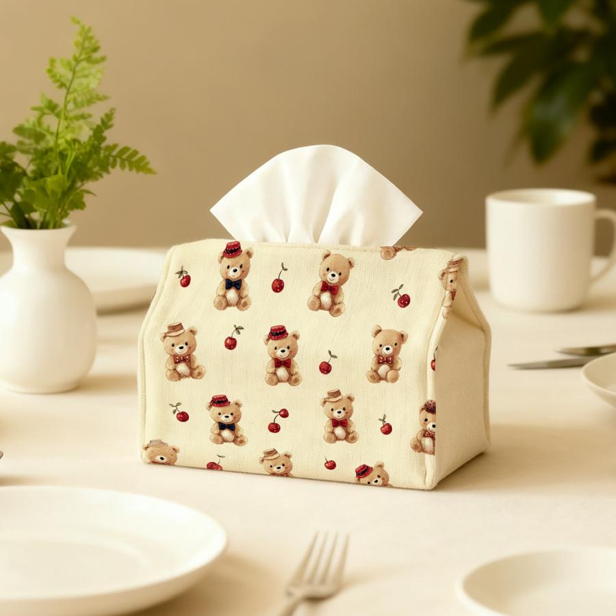 A Tissue Box Featuring a Bear Pattern with Cherry Elements, Suitable for Living Rooms, Dining Rooms, Bedrooms, Bathrooms, Taverns, Bars, And Offices-