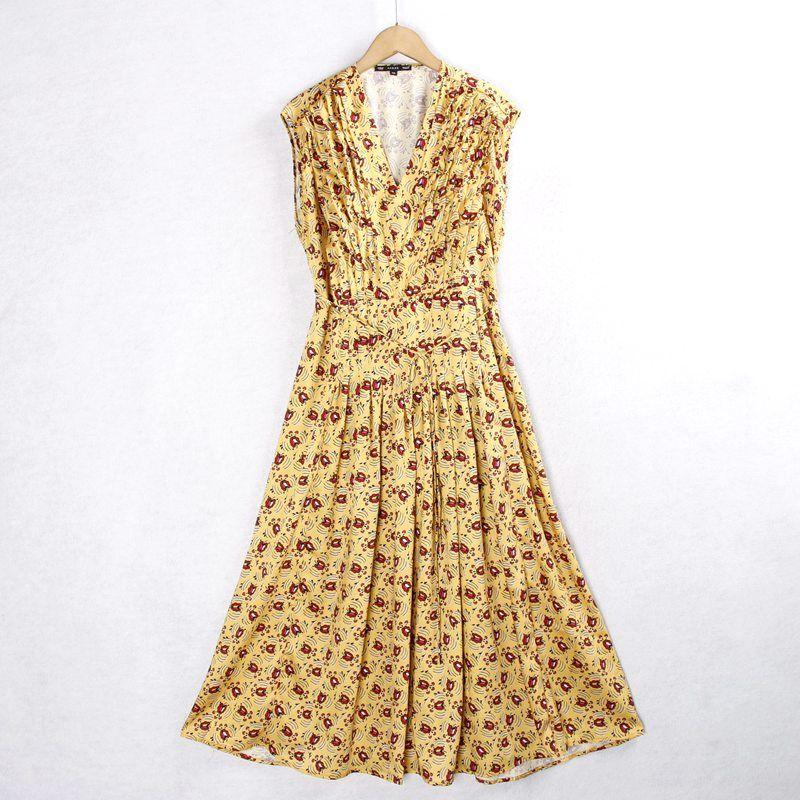 

285 400 Pleated Dress V-neck Imitation Silk Surface Slimming Printed Sleeveless A- line Skirt Sleeveless Elegant Dress Export Tail Yellow printing XS