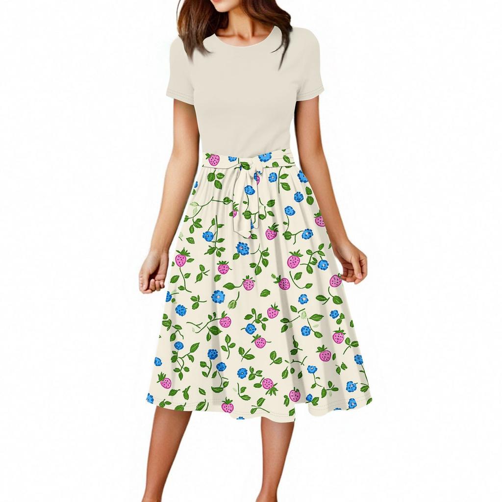 Women's Casual Fashion Belted Floral Printed Short Sleeve Round Neck Elegant Flowing Dress