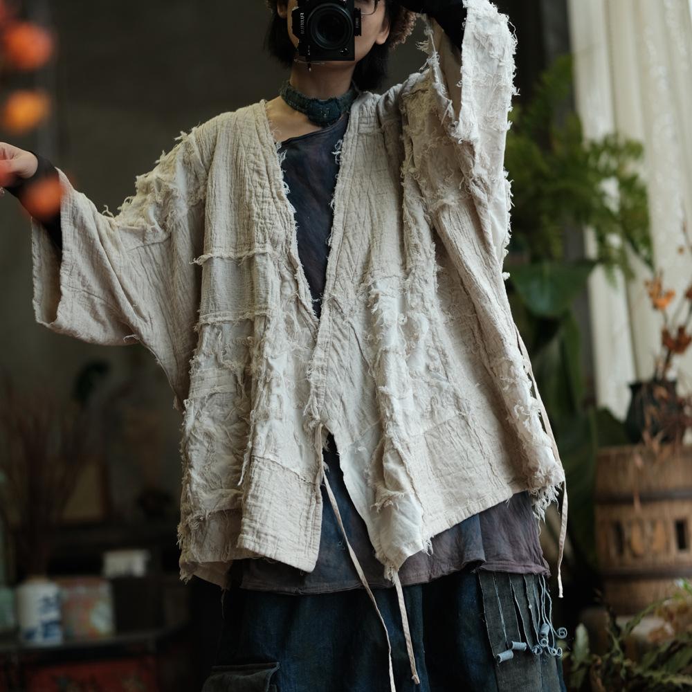 

Johnature Vintage Women Belt Shirts V-Neck Long Sleeve Blouses Autumn Loose Patchwork Chinese Style Shirts One Size бежевый