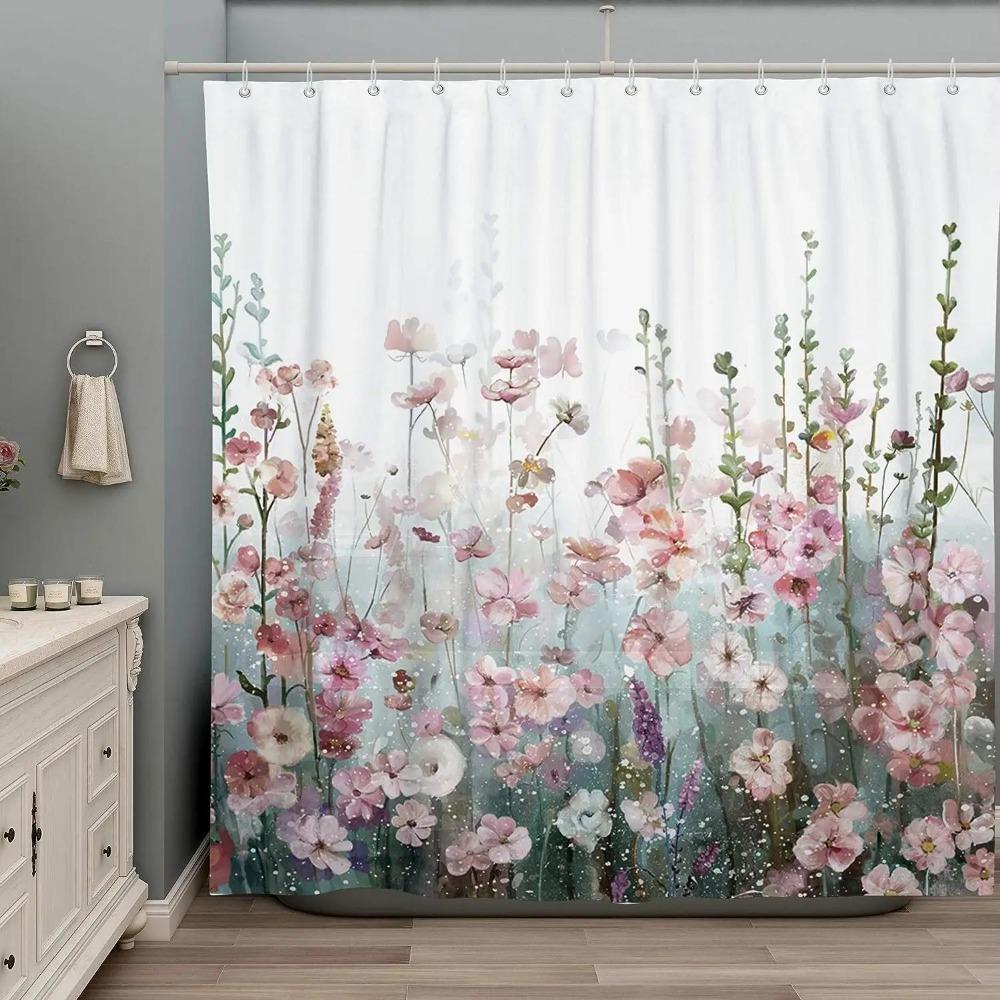 

Colorful Flower Dhower Curtain, Watercolor Floral Romantic Wildflower Plants Nature Scenery Girl Pink Flower Bathroom Decoration 90x180cm-35x70in
