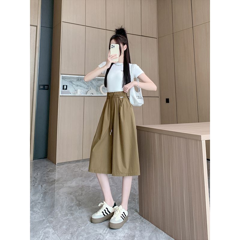 

Japanese and Korean Plus Size Women s Clothing Artsy Summer High Waist Shoelace Thin Tencel Casual Cropped Wide Leg Culottes Trendy M-4XL Curry color 3XL