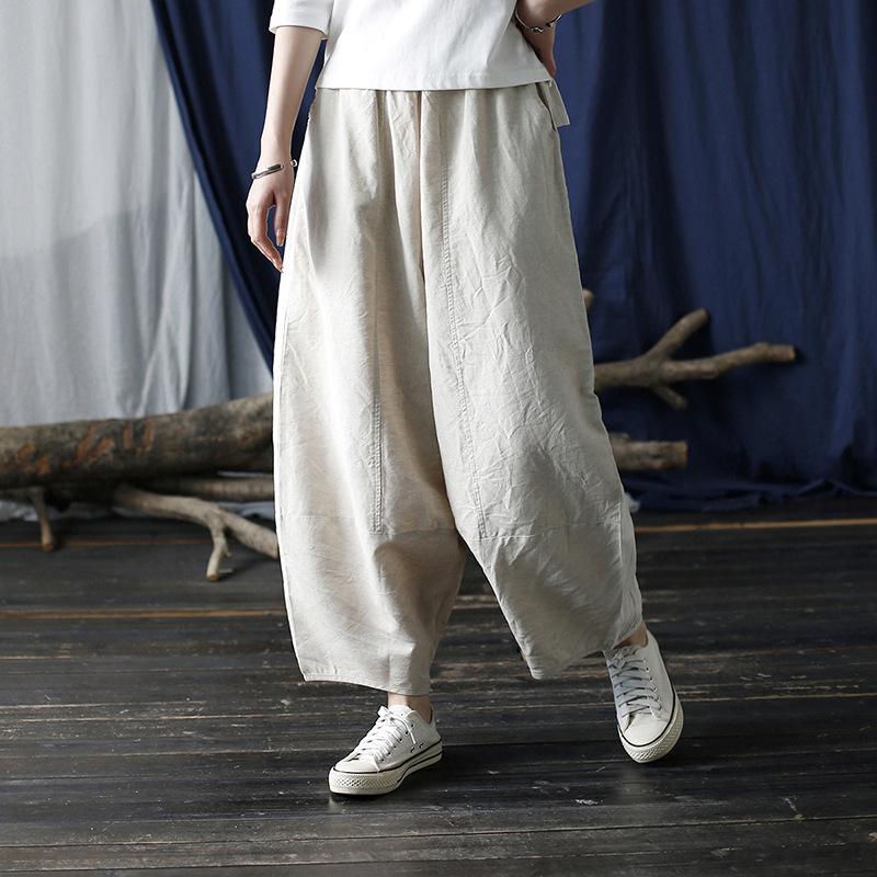 Xi Mo Women's Distressed Washed Cotton Linen Wide-Leg Casual Summer Pants