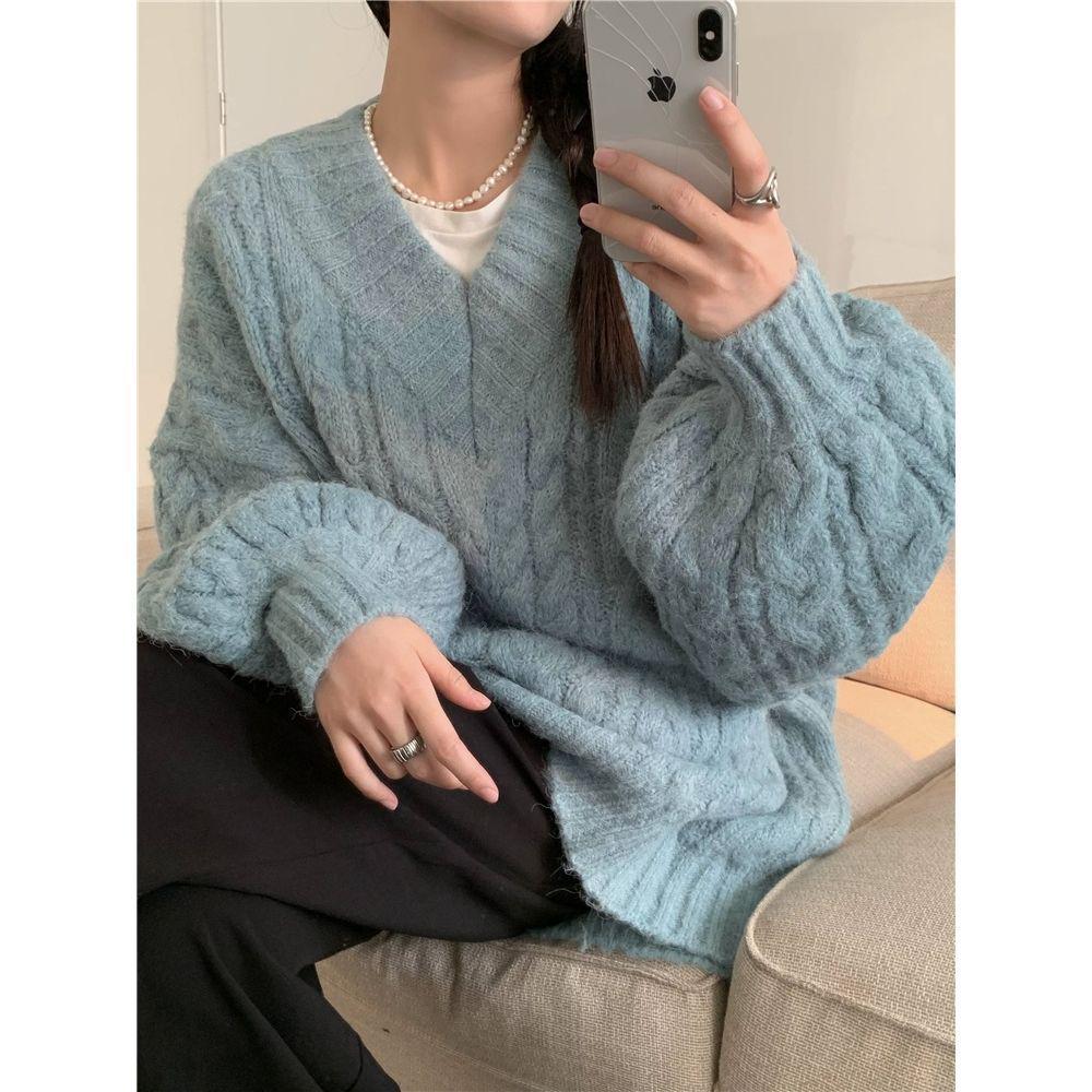 2025 Women's V-Neck Cable Knit Sweater - Autumn/Winter Loose-Fit, Warm, Niche Design