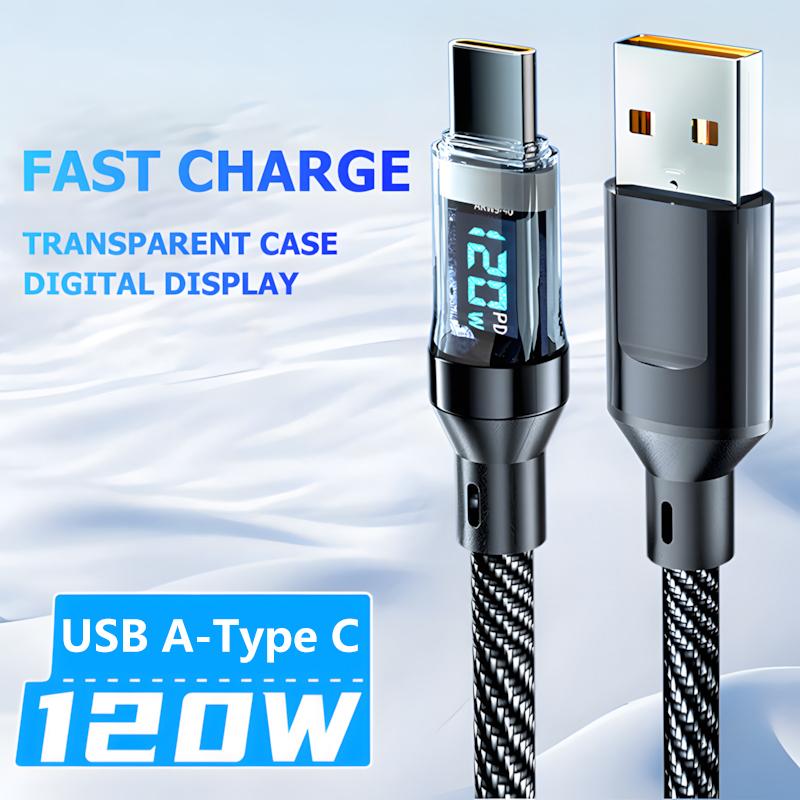 120W USB To Type C Fast Charging Data Cord USB C Cable For Samsung Xiaomi With Led Digital Display Cable Charger Accessories