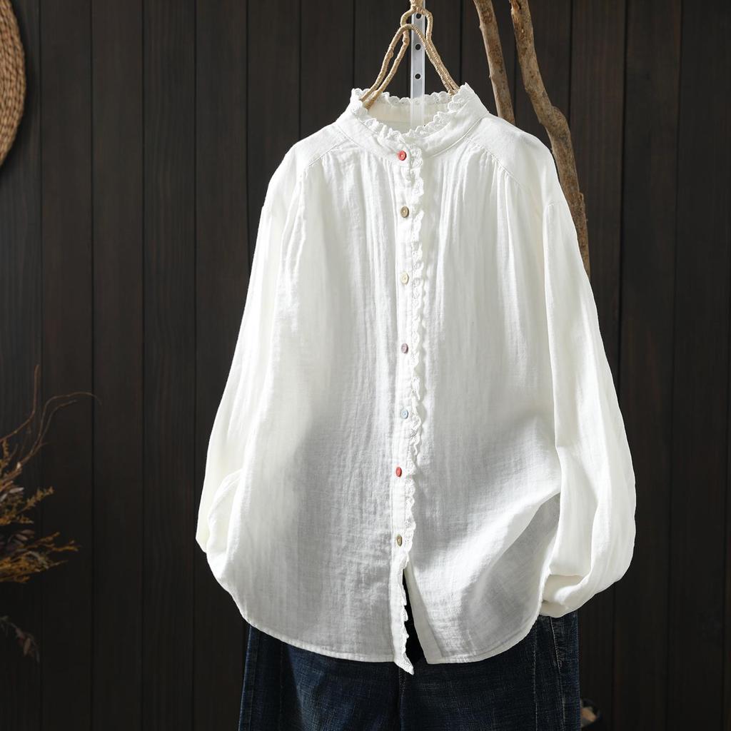 2026 Spring Lace Button Women's Double Layer Cotton Gauze White Shirt - Versatile & Age-Reducing