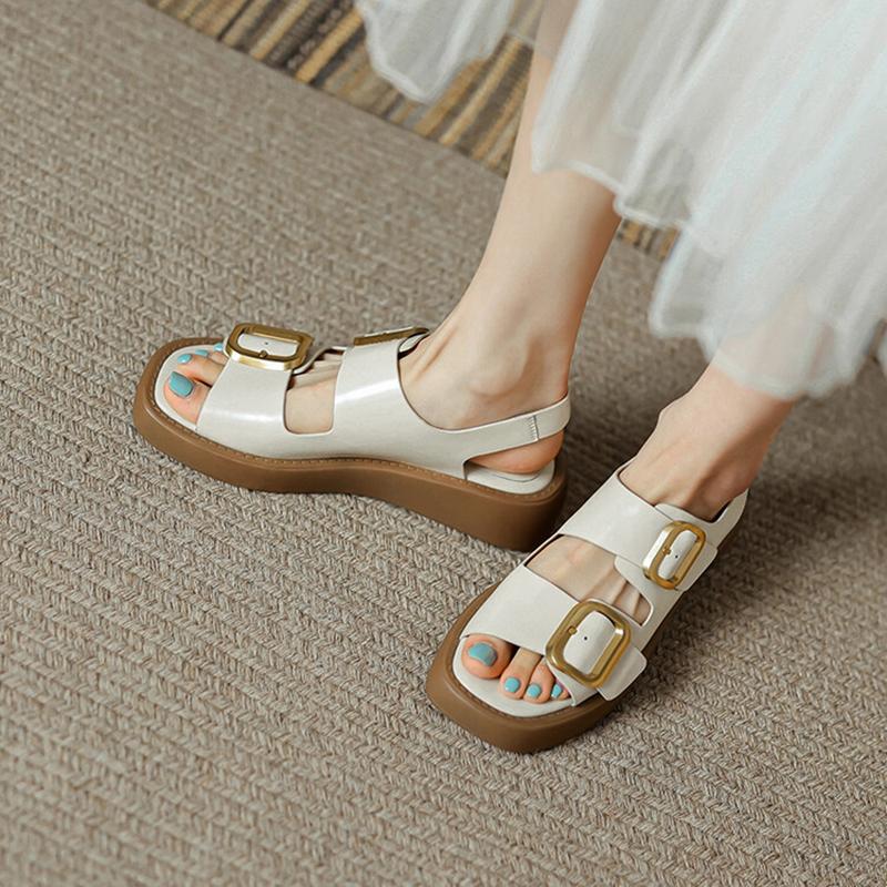 Fashion 2024 Summer Women Shoes Fashion Round Toe Thick Heel Women Sandals Split Leather Solid Sandals Platform Casual Roman Shoes Women