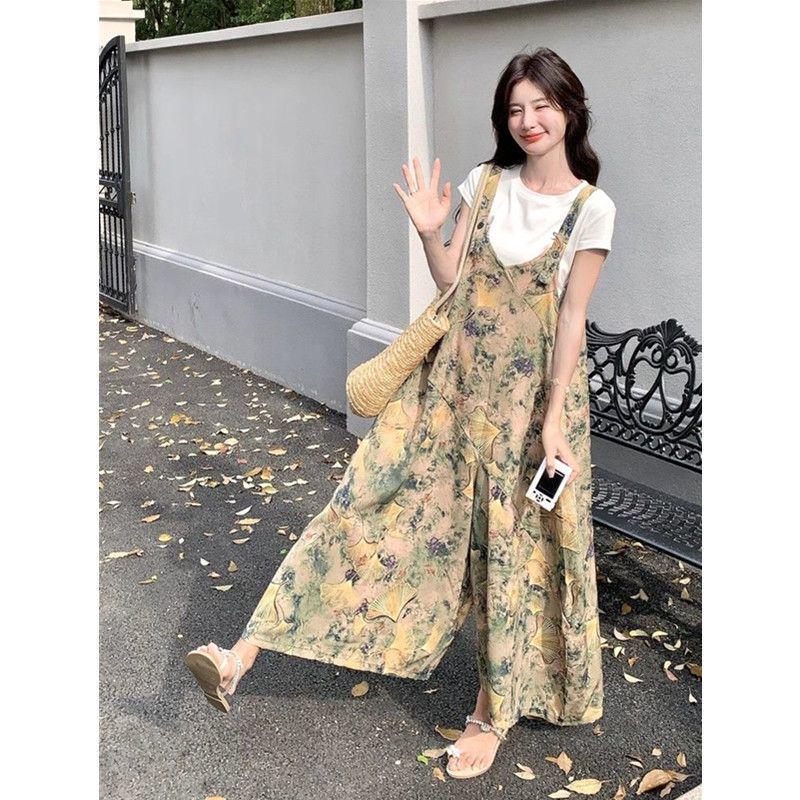 Ginkgo Print Tie-Dye Wide-Leg Strappy Jumpsuit for Women - Korean Style Summer Fashion 4XL for 83-100 kg