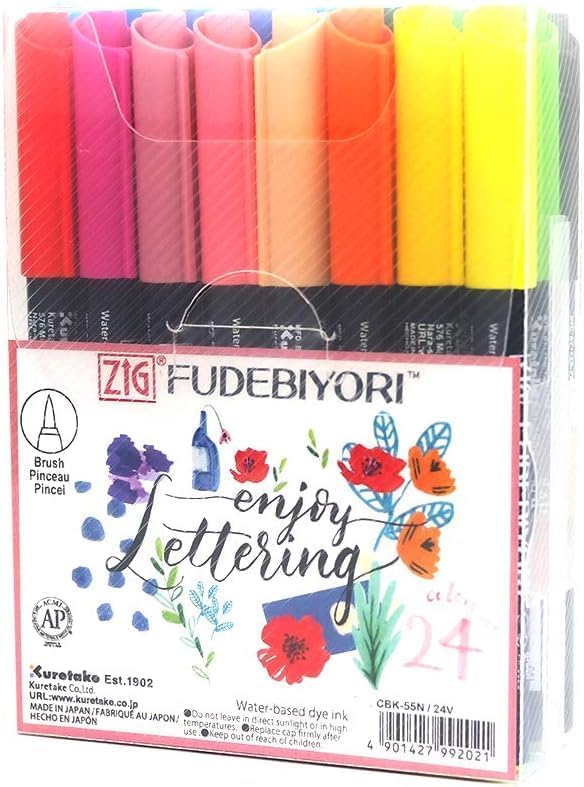 Caneta Pincel Kuretake ZIG FUDEBIYORI AP Flexível Pincel Duro Eficaz para Fino Grande Profissional Fabricado no Japão Conjunto de 24 Cores, Certificado, Sem Odor,
