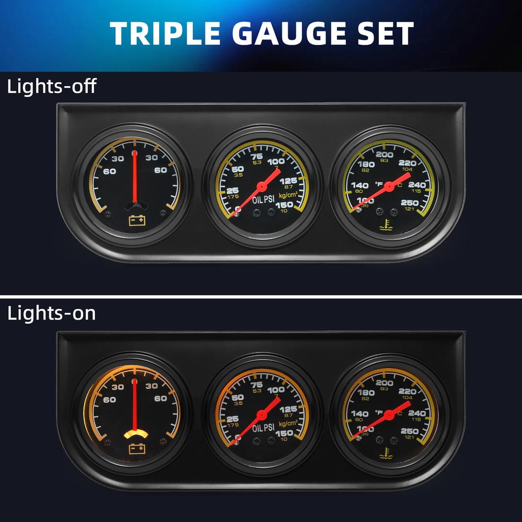 3in1 Water Temp Gauge 52MM Oil Pressure Gauge AMP Volt Meter 12V Kit Car Triple Gauge With Sensor