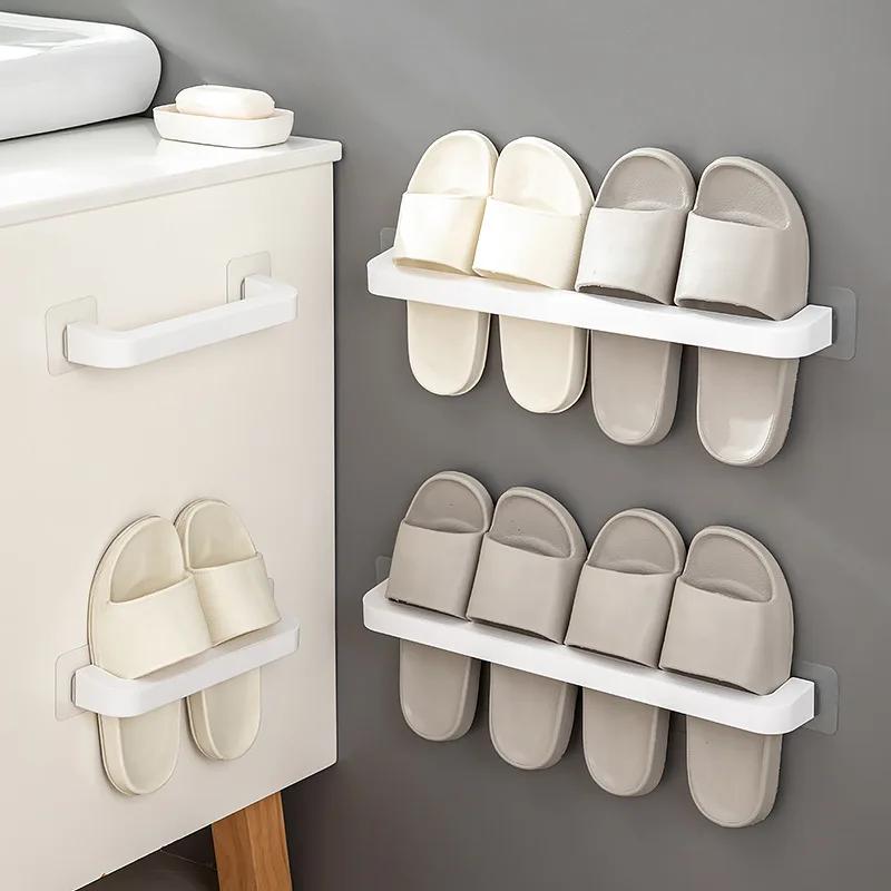 Bathroom Slipper Shelf Punch Free Wall Mount Shoes Hanger Rack Towel Storage Shelf Space Saving Shelves Bathroom Accessories