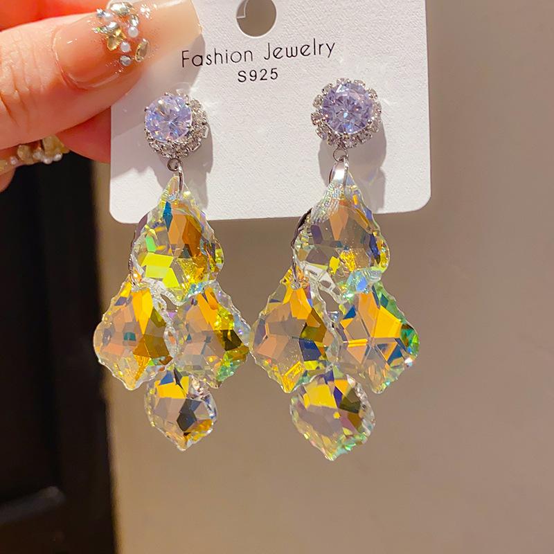 Retro Silver Needle Zircon Glass Water Drop Earrings Court Temperament Stud Earrings Personality Trend Versatile Earrings Women