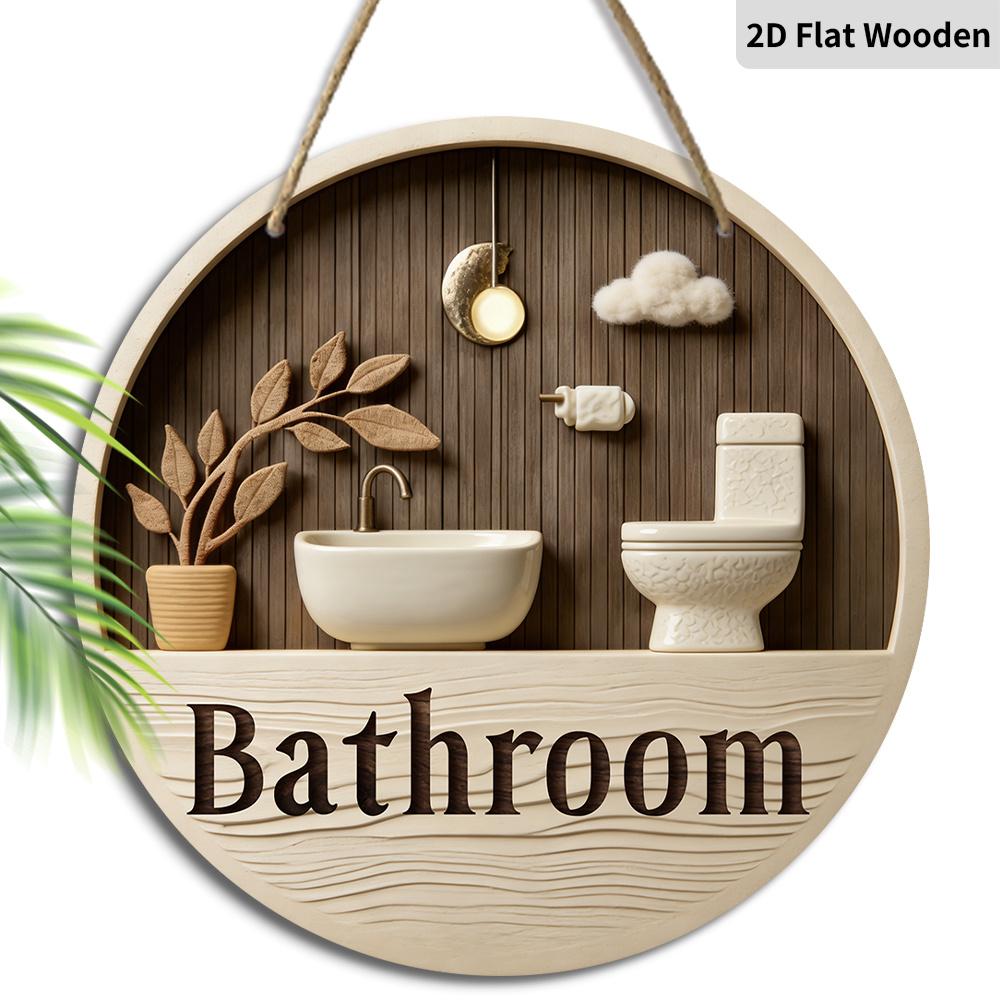 2D Flat Wooden Contemporary Bathroom Sign, 7.87inches Retro Decorative Hanging Ornament, Home Toilet Wall Art /tabletop Decor