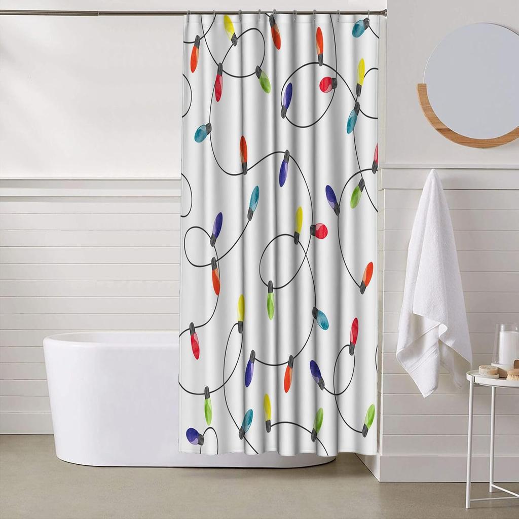 Watercolor Christmas Lights Shower Curtain Set with Hooks, Colorful Waterproof Polyester Fabric Bathroom Decor for Holiday Home