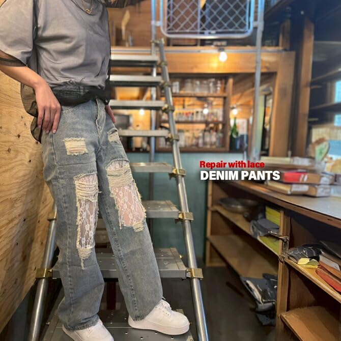 Ripped Denim Size Blue [Arcade] Women's Jeans, Lace, Repaired, Distressed, Pants, Jeans, Trousers, S,