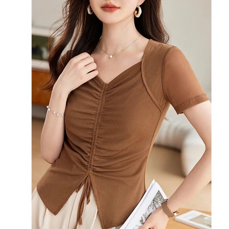 Women's V-Neck Ruched Slim Fit T-Shirt Sheer Mesh Short Sleeve Elegant Casual Top
