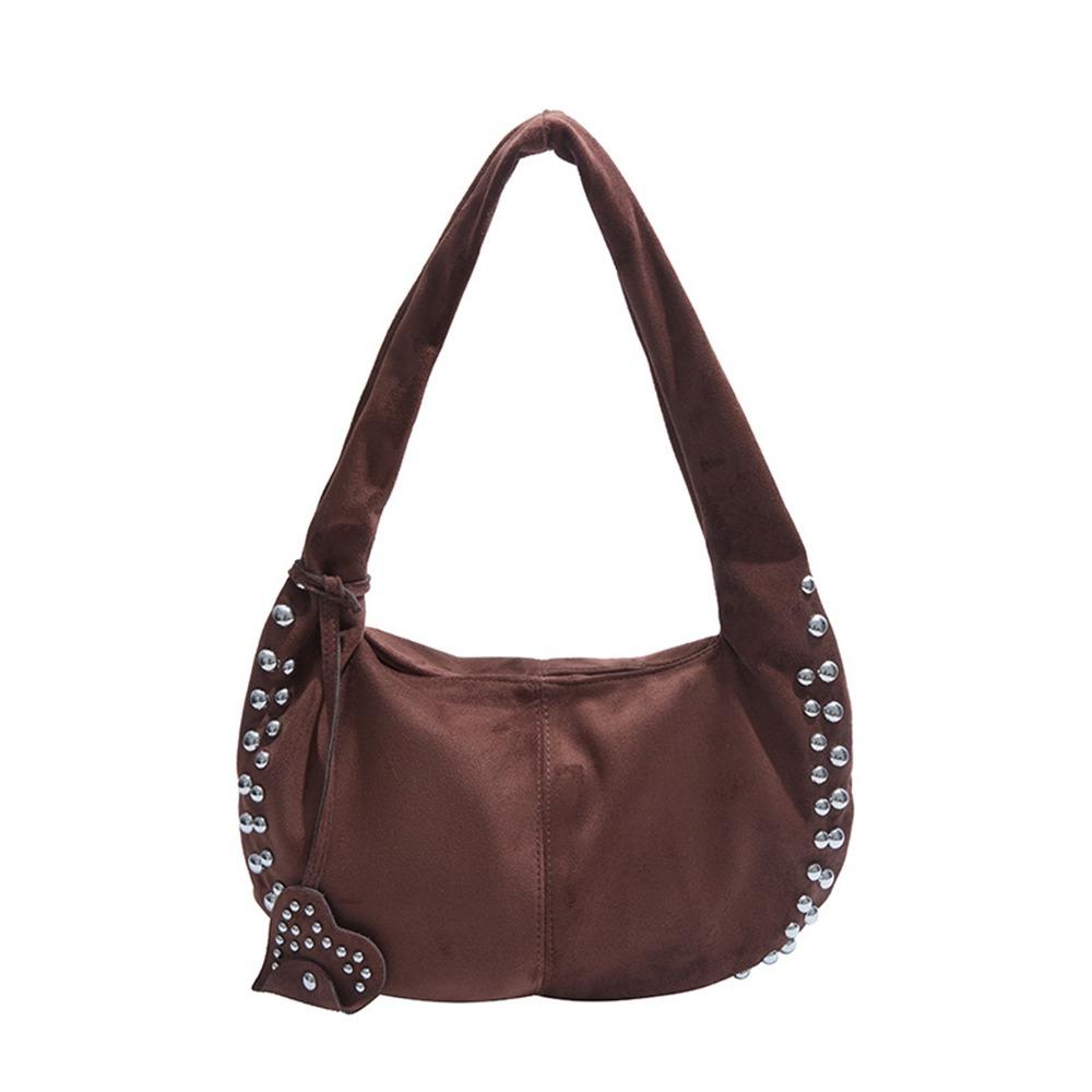 

Fashion Design Deerskin Velvet Leather Handbag Large Capacity Rivet Shoulder Bag Outdoor кофейный