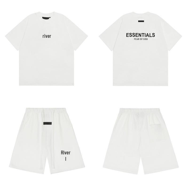 ESSENTIALS Double-line Flocking Trendy Unisex Cotton Short Sleeve & Shorts Set - Summer Casual
