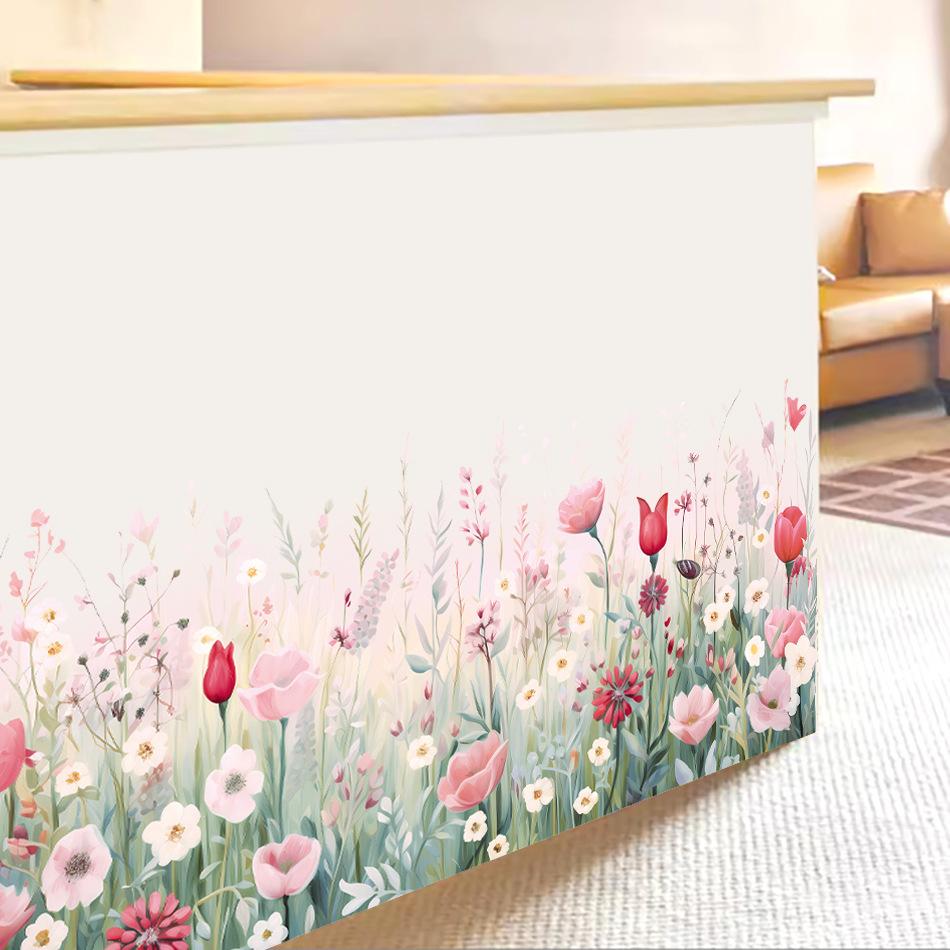 Creative Plants Wall Decals Pink Flowers Roses Baseboards Wall Stickers Decoration for Living Room Bedroom Waistline Home Decor
