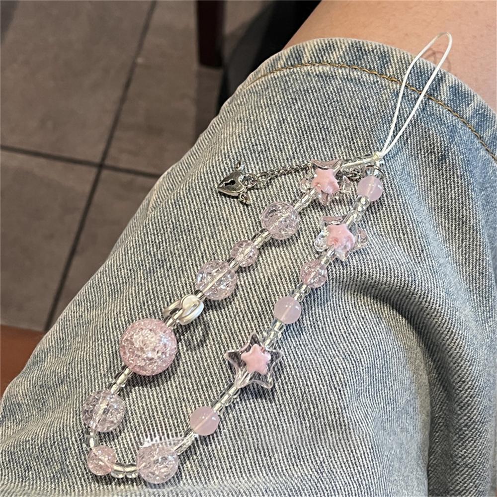 Sweet Pink Bowknot Star Heart Pendant Beaded Phone Charm Strap For iPhone Strap Lanyard Girl Woman Keychain Hanging Cord Rope