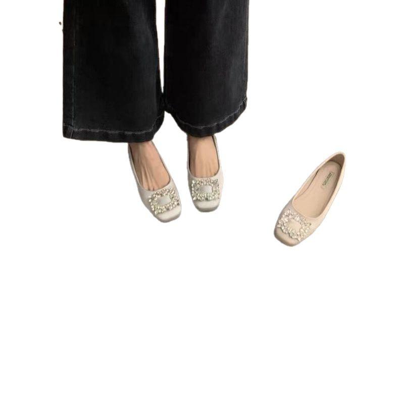 Fransk temperament strass silver platta skor 2025 höst nya älvstil med kjol fyrkantig tå Mary Jane skor kvinnor