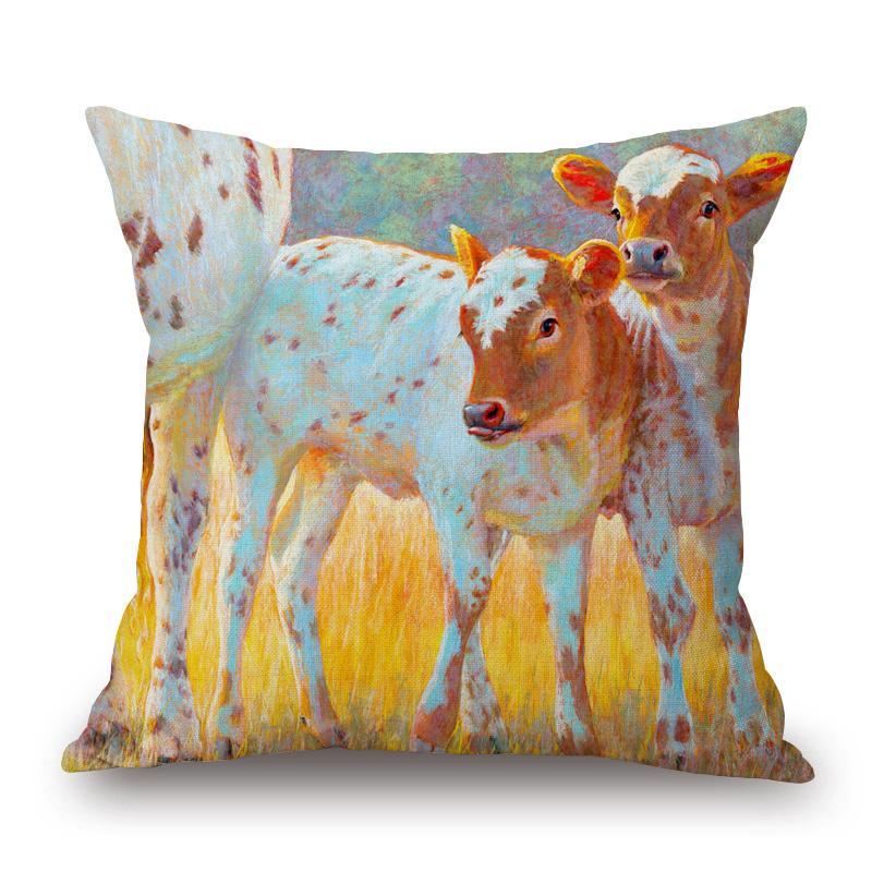 Oil Painting Highland Cow Cattle Animal Print Cushion Cover Home Decorative Sofa Throw Pillow Case Peach skin 18*18(CM)-1Pcs