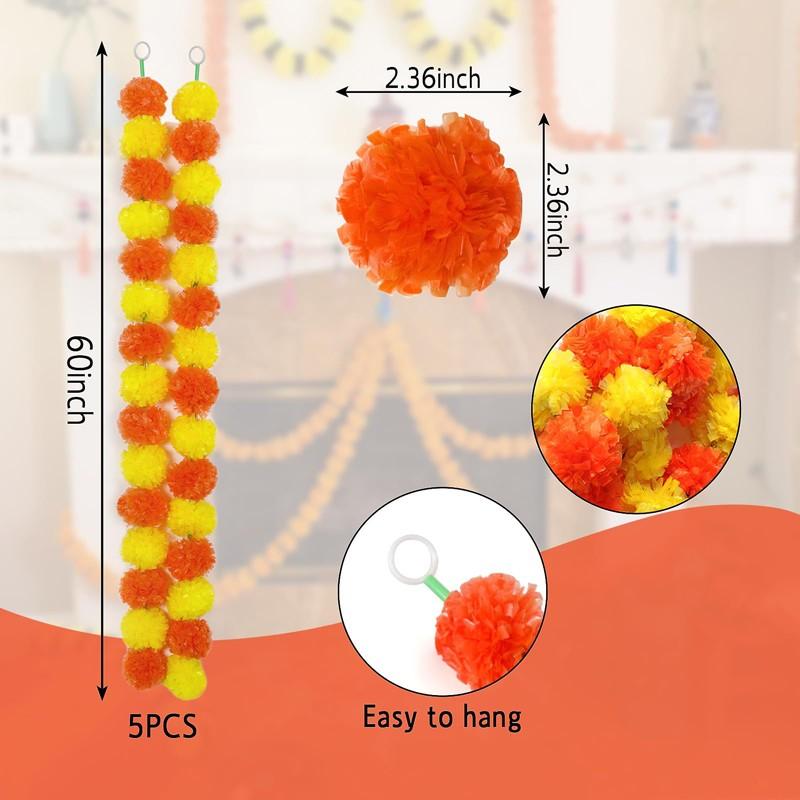 5PC Artificial Marigold Indian Wedding Flower Garlands Mexican Party Decor Day of The Dead Party Artificial Marigold Flowers