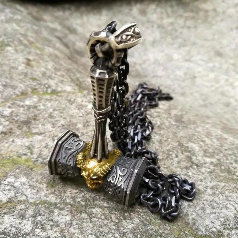Viking Skull Hammer Pendant Necklace Nordic Amulet Punk Jewelry for Men Women