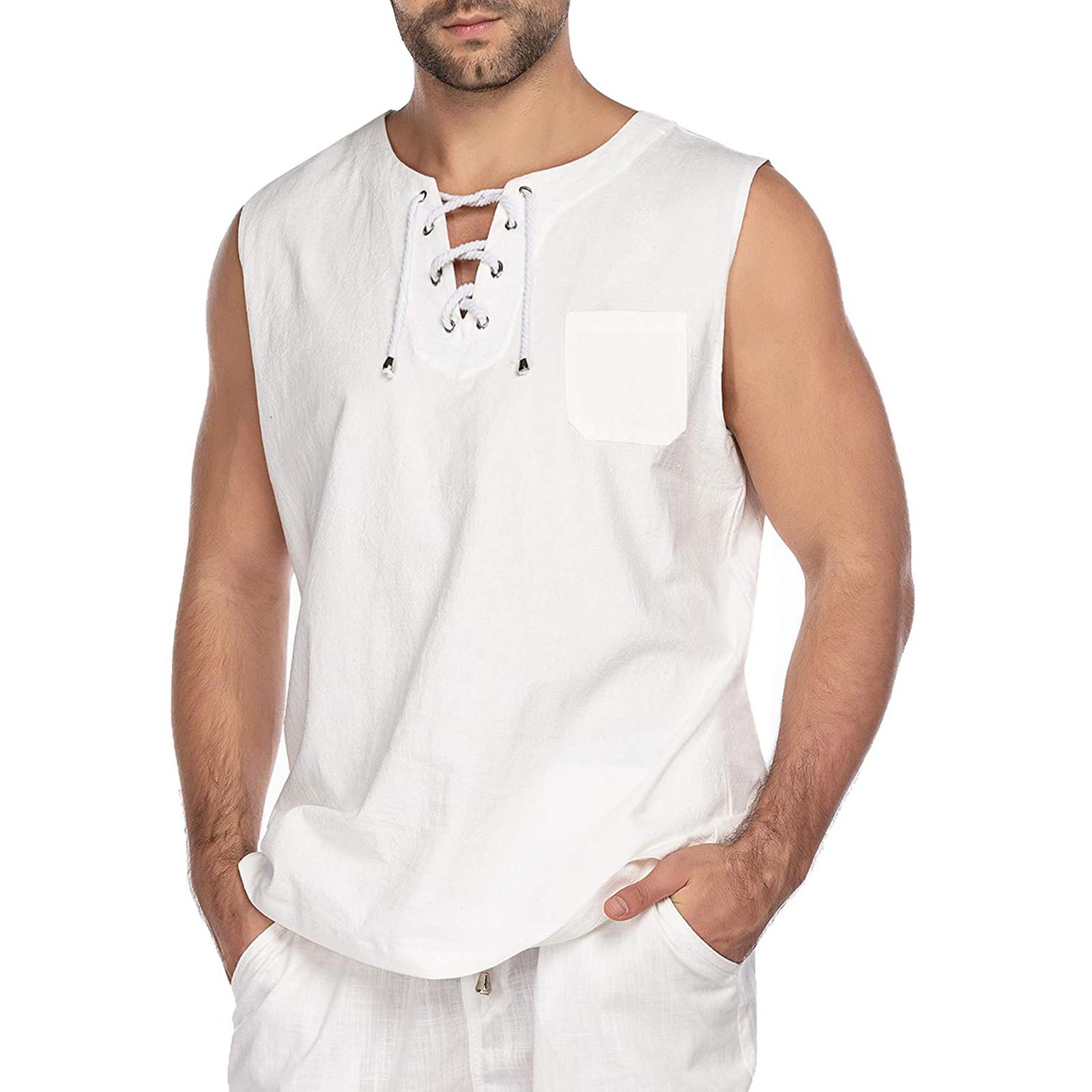 

Men s Fashion T-Shirt Cotton And Linen Tee Hippie Shirts Sleeveless Yoga Top L білий