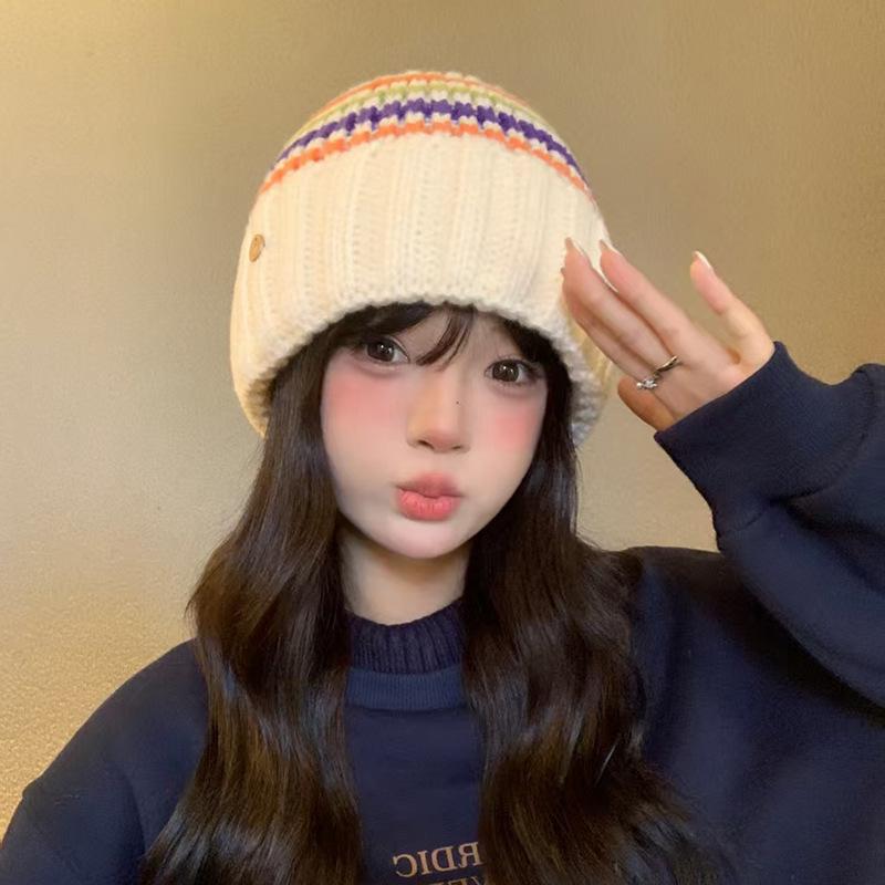 Hat Women's Autumn and Winter Outdoor White Belt Knitted Hat To Protect Against Cold and Warm Niche Color Blocked Woolen Hat for Women