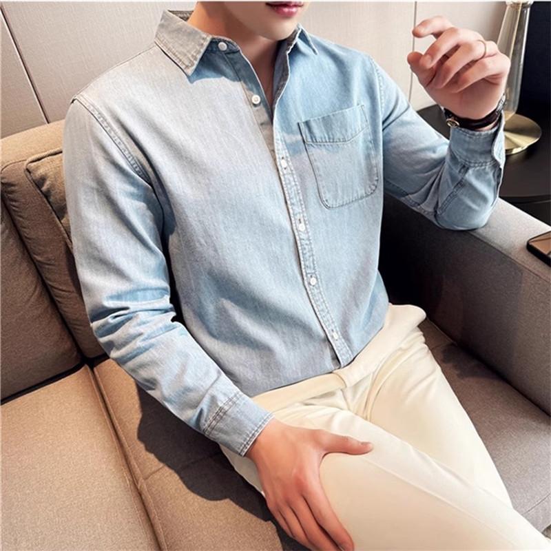 Men's 90% Cotton Denim Shirt High Quality Fashion Blue Casual Long Sleeve Jean Shirts