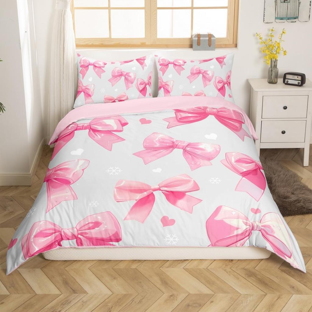 Dreamy Pink Bow Duvet Cover Queen King Size Princess Style Cute Bow Print Suitable For Kids Girls Teens Bedroom Decoration 3 Pcs