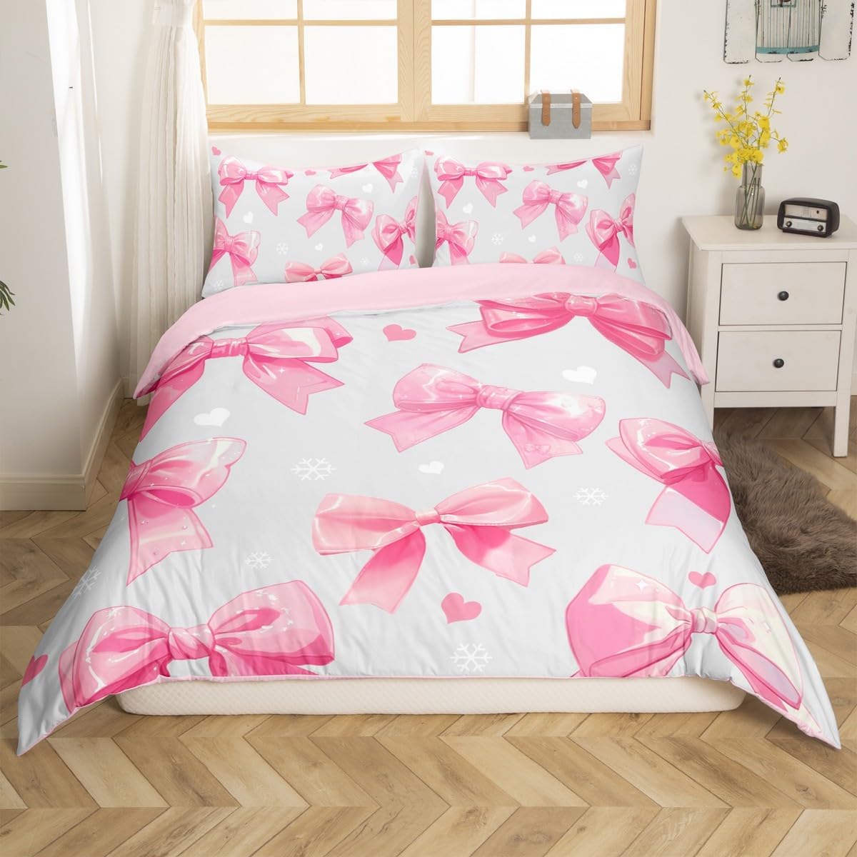 

Dreamy Pink Bow Duvet Cover Queen King Size Princess Style Cute Bow Print Suitable For Kids Girls Teens Bedroom Decoration 3 Pcs EU Single(135x200cm)