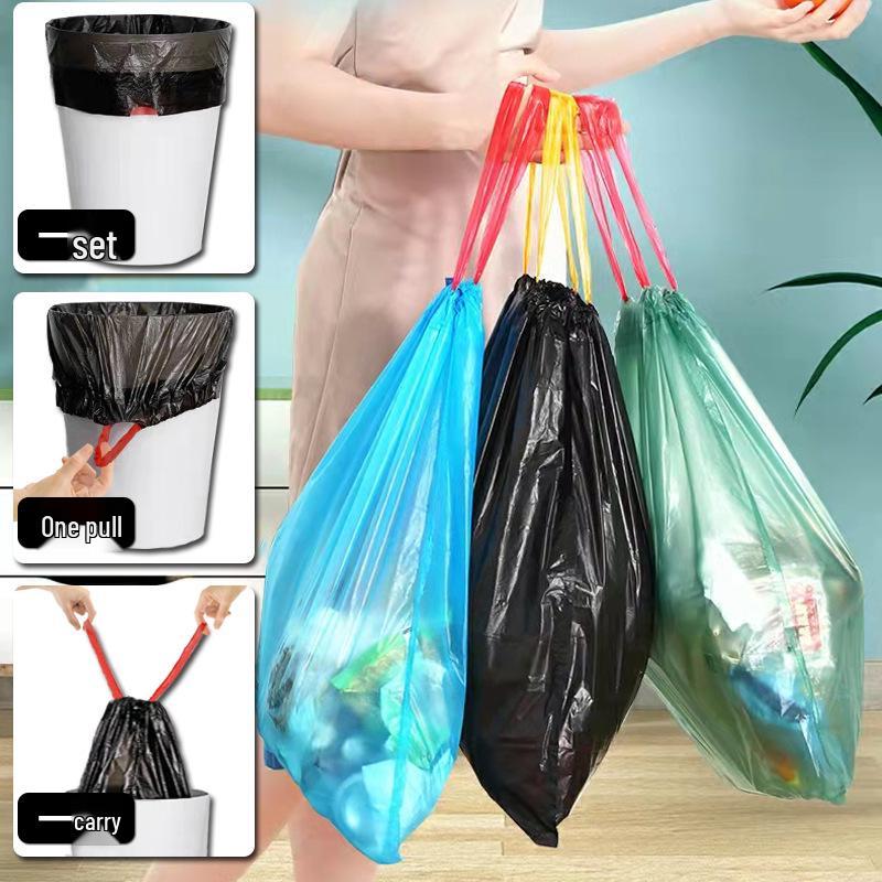 Thickened Black Drawstring Trash Bags for Kitchen & Dorm - Large Size, Pull-Up Closure