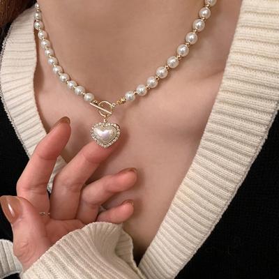 Women Double Layer Necklace Faux Pearls Heart Pendant Choker Necklace Hip Hop Style Short Necklace Jewelry Accessories