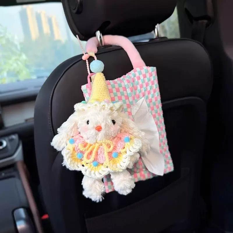 Cute Plush Rabbit Car Tissue Holder, Hanging Car Organizer, Pink