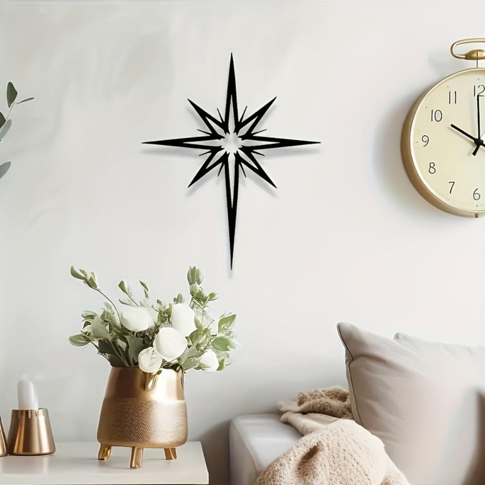 Modern Black Wrought Iron North Star Wall Art, Minimalist Metal Sculpture for Living Room Bedroom Decor, Durable Nordic Home Hanging Decoration