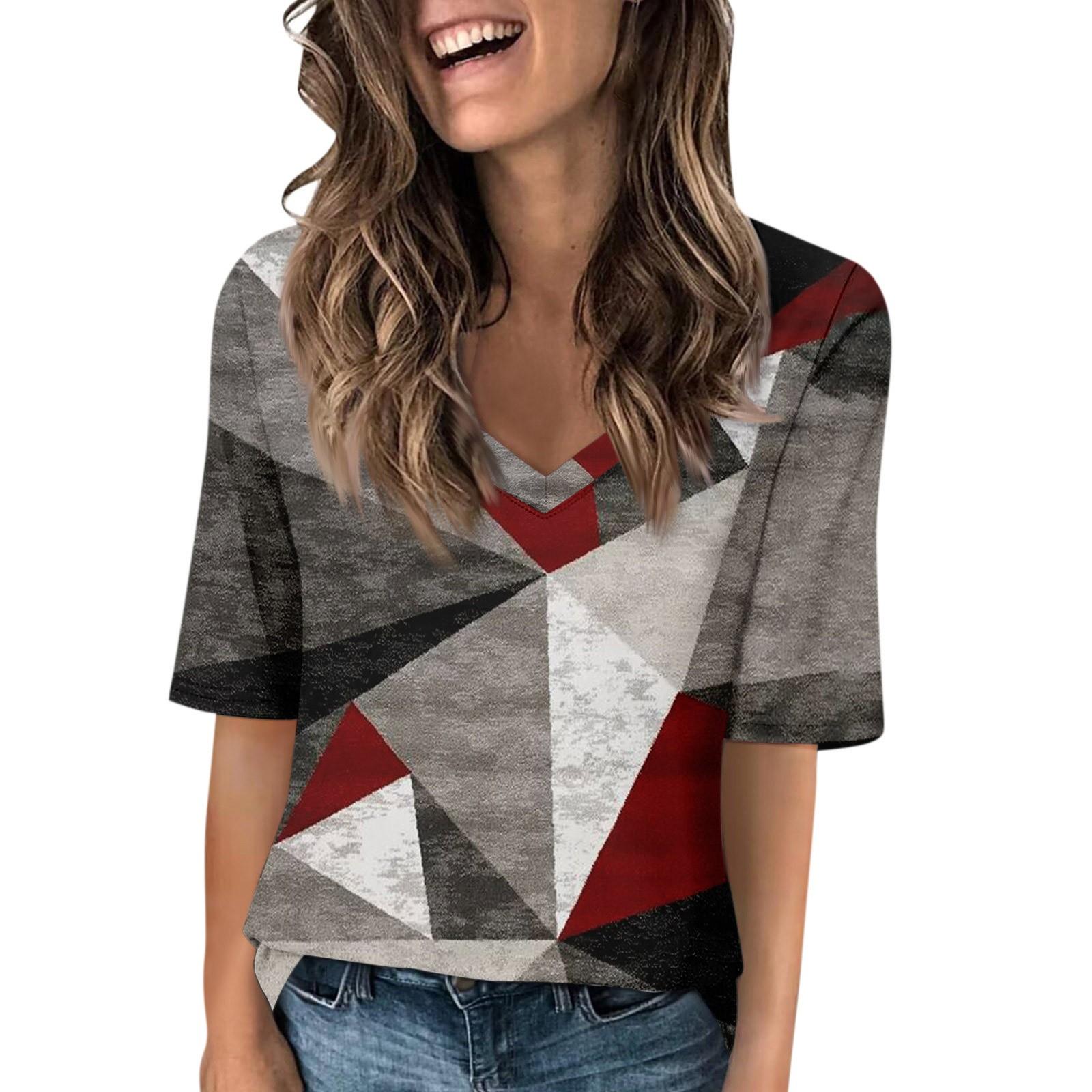 

Жіночі футболки з V-подібним вирізом, топи з принтом, повсякденні літні футболки, футболки, блузки XL червоний