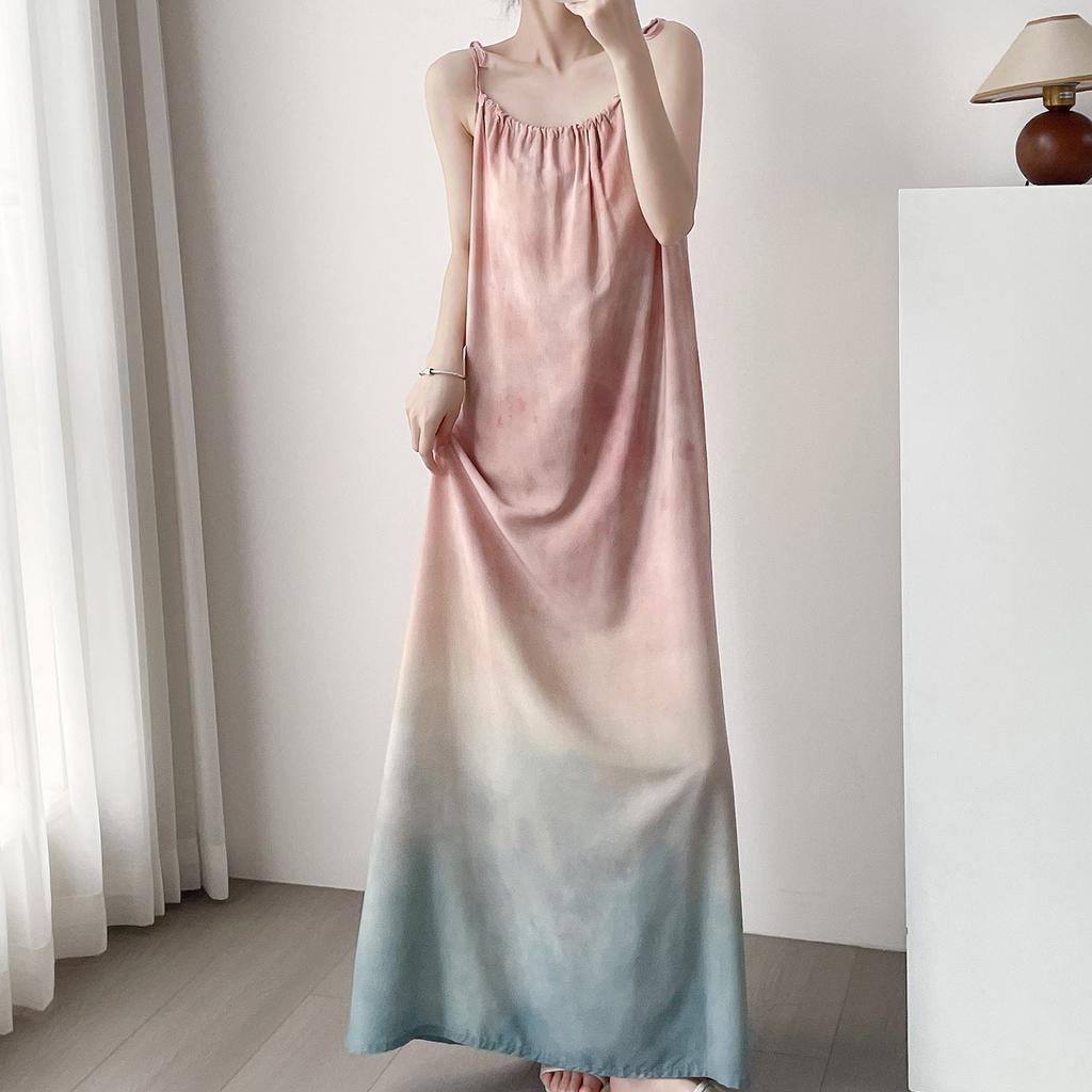 Holiday wind gradual change color anti bumps suspender nightdress women summer sweet with chest pad advanced sense can wear cotton silk skirt