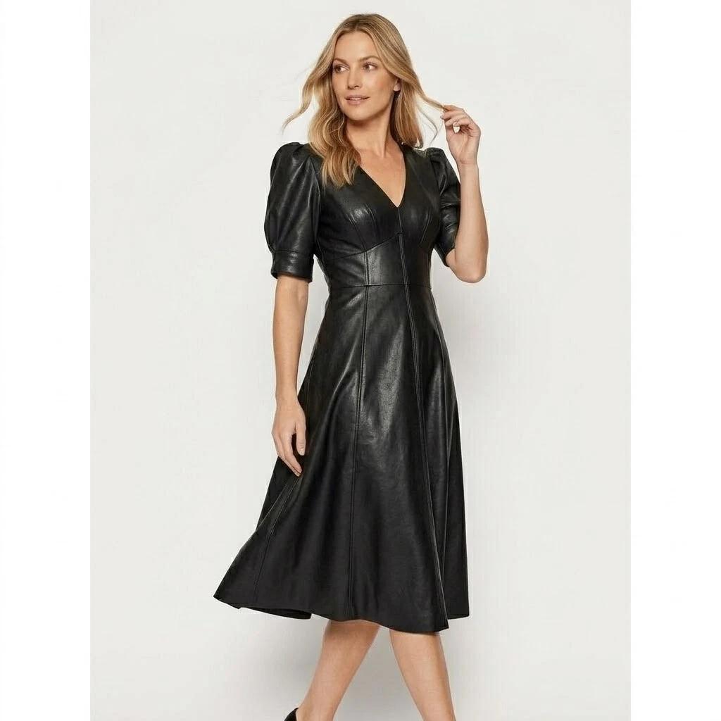 Women's Dress Stylish Black Elegant Real Lambskin Leather Fit Handmade Genuine