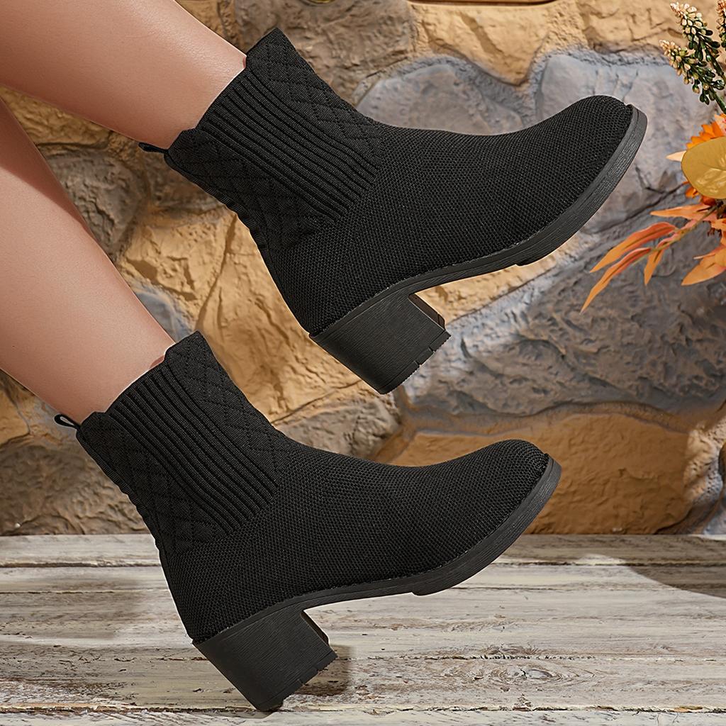 Women'S Knitted Ankle Socks Boots Fashion Chunky Heel Solid Color Black Winter Casual Comfortable Slip On Women'S Ankle Boots