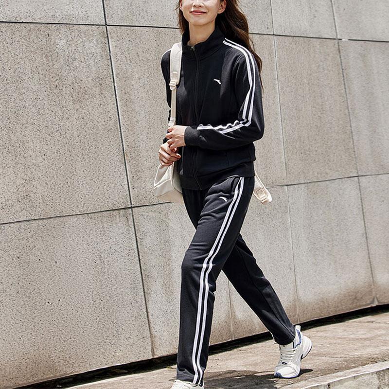 Anta Training Series Striped Logo Stand Collar Long Sleeve Jacket And Pants Casual Sports Set Women Sports Set Basic-Black 962347201-1