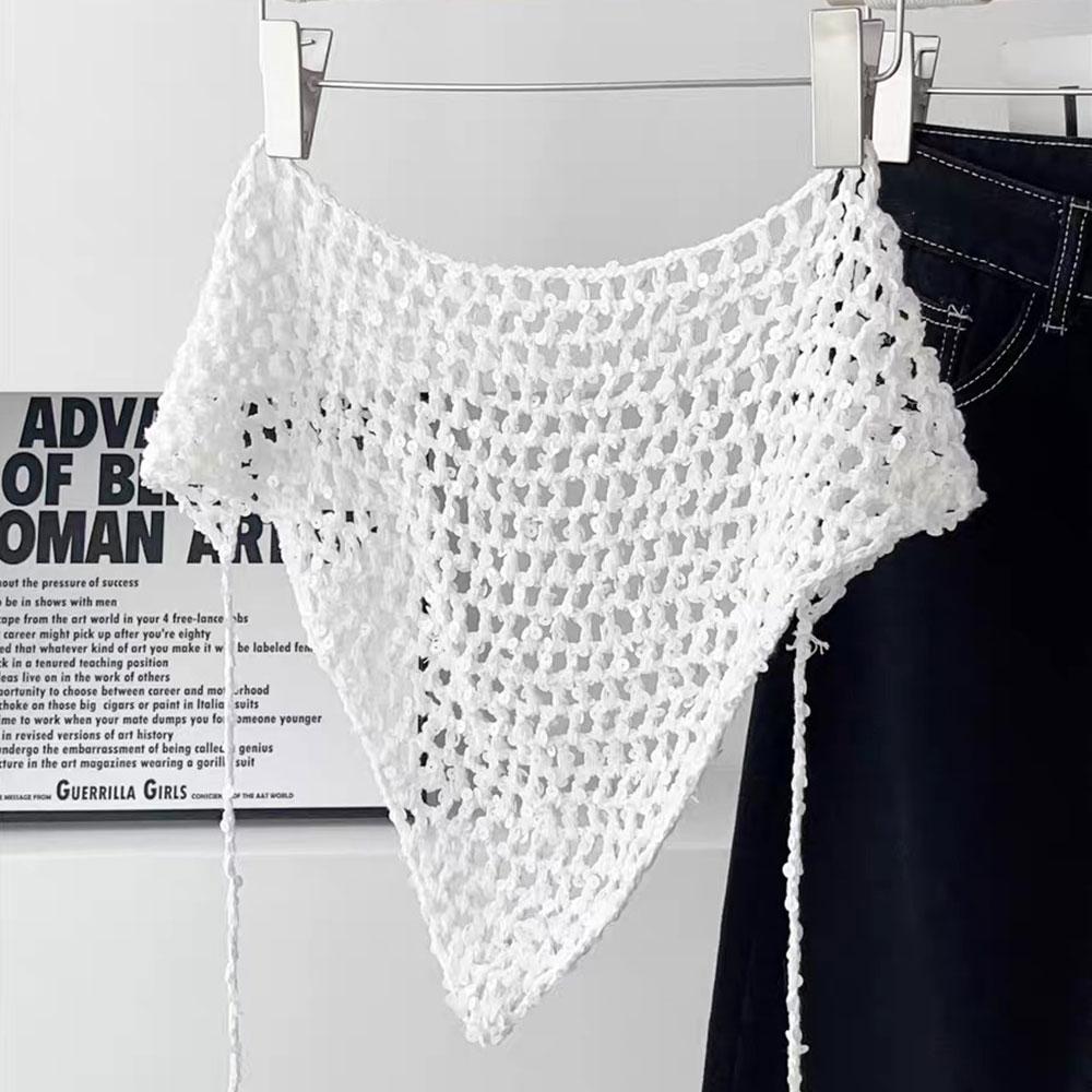 Ins Style Sequined Hollow Knitted Triangle Hair Scarf Bandana Retro Crochet Sheer Headscarf Women Summer Travel Photo Headband
