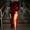 Sexy Velvet Pleated Turtle Neck Dress Women's Autumn Winter Warm Long-sleeved Slim Slit Package Hip Dresses Evening Party Gowns