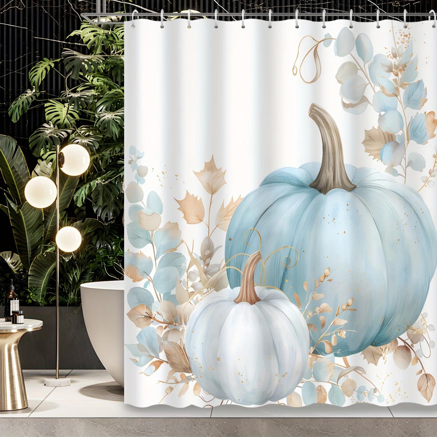 

1pc Shower Curtain - Elegant Blue and White Pumpkins with Autumn Leaves Design Waterproof W90XH180cm