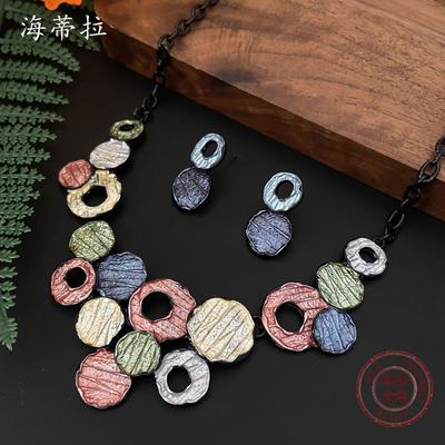 New Color Painting Oil Geometric Hollow Round Necklace Earrings Set Fashionable Women's Round Jewelry Set