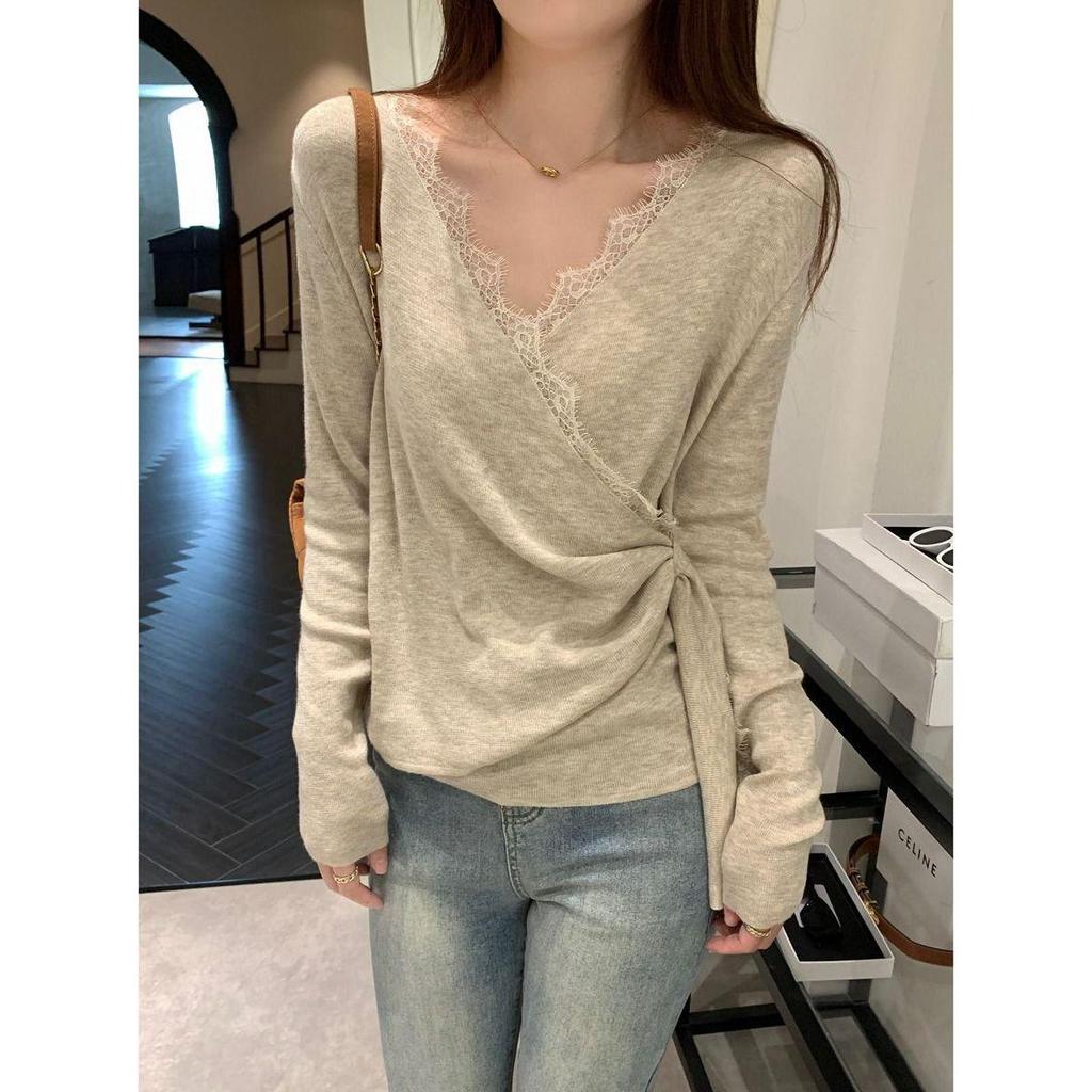 Korean Style Patchwork Lace Waist-Hugging Irregular Knit Top for Women