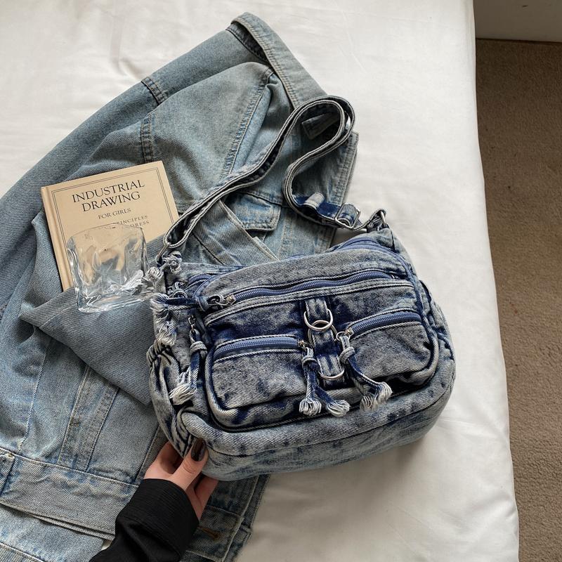 Women Crossbody Bag Vintage Shoulder Bag Multi-Layer Pocket Denim Bag