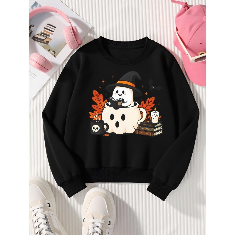 Girls Halloween Crew Neck SweatshirtCute Witch Reading Book Halloween Print, Fun Print Kids Autumn Clothing