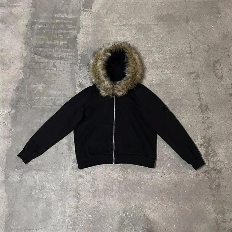Y2K Zip Up Hoodie Faux Fur Collar Harajuku Rock Goth Top Retro Punk Loose Jacket Hip Hop Streetwear Zipper Hoodie Sweatshirt